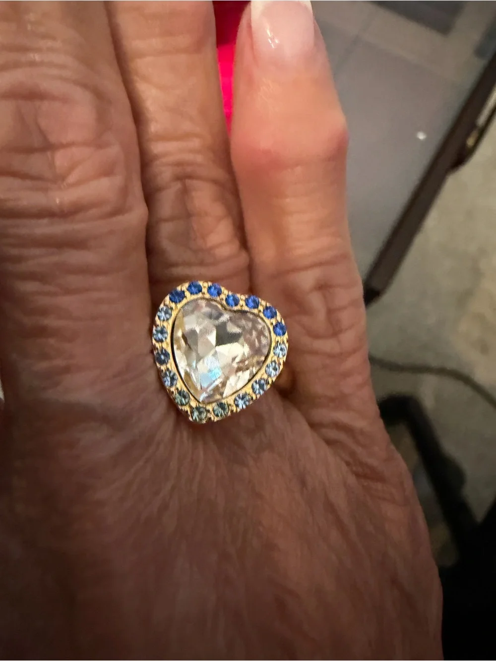 Kurt Geiger Gold Heart Ring with Clear Center and Blue Accents size 7 3/4